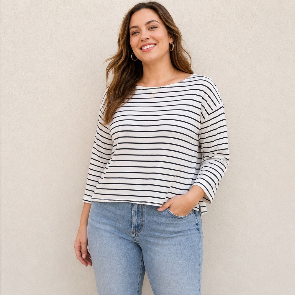 Lucky Brand Womens XXL Black White Striped Cotton Knit Boat Neck Cropped Top